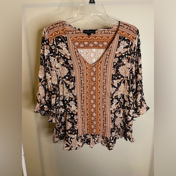 Cynthia Rowley boho brown and black ruffle blouse - Picture 1 of 8